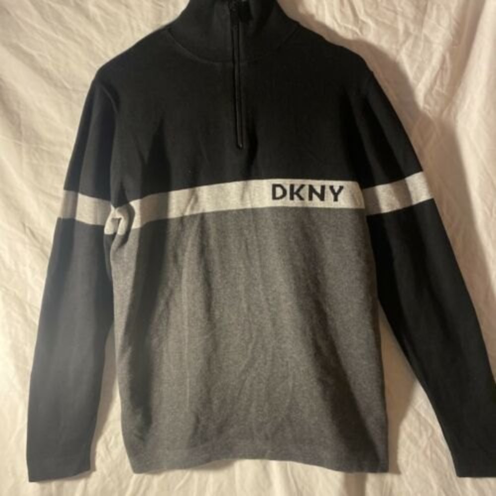 DKNY Men's Colorblocked Ottoman Stripe 1/4-Zip Logo Sweater Small